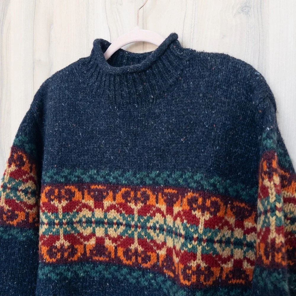 Vintage Mens Roll Neck Fair Isle Sweater Small Navy Wool Nordic Heritage Cabin